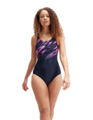 Speedo - Womens Hyperboom Placement Muscleback Swimsuit - Navy/Pink - Model Back