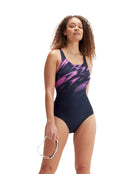 Speedo - Womens Hyperboom Placement Muscleback Swimsuit - Navy/Pink - Model Front with Pose