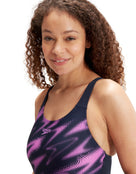 Speedo - Womens Hyperboom Placement Muscleback Swimsuit - Navy/Pink - Model Front Close Up