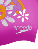 Speedo - Junior Slogan Print Silicone Swim Cap - Purple/Orange - Product Close Up