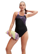 Speedo - Medley Logo Medalist Swimsuit - Black/Purple - Model Front with Towel