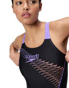 Speedo - Medley Logo Swimsuit - Black/Peach Pink/Purple - Model Front Close Up