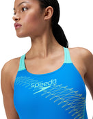 Speedo - Medley Logo Swimsuit - Blue/Green - Model Front Close Up