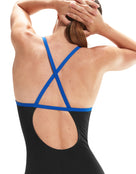 Speedo - Womens Placement Digital Fixed Crossback Swimsuit - Black/Blue -Model Back Close Up