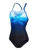 Speedo - Womens Placement Digital Fixed Crossback Swimsuit - Black/Blue -Product Front