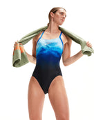 Speedo - Womens Placement Digital Fixed Crossback Swimsuit - Black/Blue -Model Front with Pose