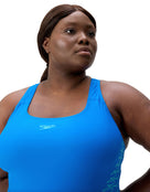 Speedo - Placement Medalist Swimsuit - Blue/Plus Size - Model Front Close Up
