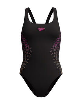 Speedo - Placement Muscleback Swimsuit - Black/Pink/Orange - Product Front