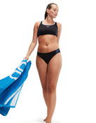 Speedo - Placement Racerback 2 Piece Swimsuit - Black/Blue - Model Front Full Body with Towel