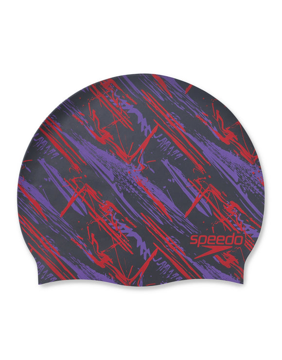 Speedo - Slogan Print Silicone Swim Cap - Purple/Red - Product Front