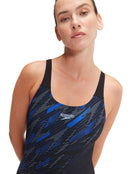Speedo - Hyperboom Placement Muscleback Swimsuit - Black/Blue - Model Front Close Up