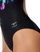 Speedo - Club Training Printed Powerback Swimsuit - Black/Purple - Model Side Close Up