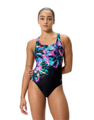 Speedo - Club Training Printed Powerback Swimsuit - Black/Purple - Model Front