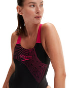 Speedo - Medley Logo Medalist Swimsuit - Black/Pink - Model Front Close Up
