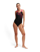 Speedo - Medley Logo Medalist Swimsuit - Black/Pink - Model Front Full Body