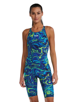 TYR - Womens Thresher Hyperblitz Open Back Kneeskin - Blue/Green - Model Front