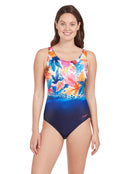 Zoggs - Womens Biarritz Scoopback Swimsuit - Navy/Multi - Model Front with Pose