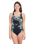 Zoggs - Womens Botanica Adjustable Scoopback Swimsuit - Black/Green - Model Front