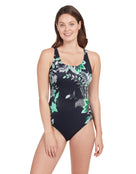 Zoggs - Womens Botanica Adjustable Scoopback Swimsuit - Black/Green - Model Front with Pose