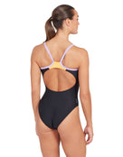 Zoggs - Womens Cannon Strike Back Swimsuit - Black/Lilac/Coral - Model Back