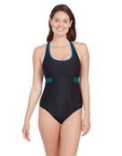 Zoggs - Womens Dakota Crossback Swimsuit - Black/Green - Model Front with Pose