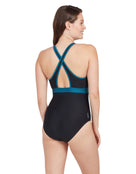 Zoggs - Womens Dakota Crossback Swimsuit - Black/Green - Model Back