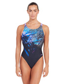 Zoggs - Womens Downtown Speedback Swimsuit - Black/Blue - Model Front Still 