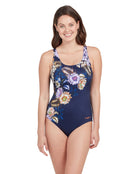 Zoggs - Womens Enigma Adjustable Scoopback Swimsuit - Navy/Multi - Model Front with Pose