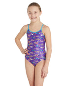 Zoggs - Girls Fishes Front Lined Sprintback Swimsuit - Purple/Blue - Model Front