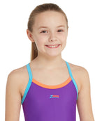 Zoggs - Girls Kerrawa Strikeback Swimsuit - Purple/Light Blue/Red - Model Front Close Up