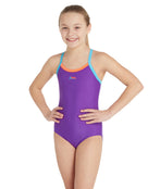 Zoggs - Girls Kerrawa Strikeback Swimsuit - Purple/Light Blue/Red - Model Front