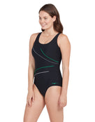 Zoggs - Womens Macmaster Scoopback Swimsuit - Grey/Green - Model Front/Side