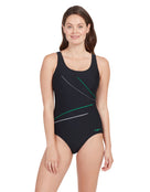 Zoggs - Womens Macmaster Scoopback Swimsuit - Grey/Green - Model Front with Pose