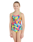 Zoggs - Girls Medley Rainbow Front Lined Strikeback Swimsuit - Blue/Multi - Model Front