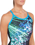 Zoggs - Womens Neon Sparkle Strikeback Swimsuit - Black/Blue - Model Front Close Up