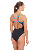 Zoggs - Womens Neon Sparkle Strikeback Swimsuit - Black/Blue - Model Back