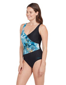 Zoggs - Womens Sea Dreamer Front Crossover V Back Swimsuit - Black/Blue - Model Front/Side