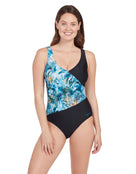 Zoggs - Womens Sea Dreamer Front Crossover V Back Swimsuit - Black/Blue - Model Front with Pose