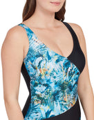 Zoggs - Womens Sea Dreamer Front Crossover V Back Swimsuit - Black/Blue - Model Front Close Up