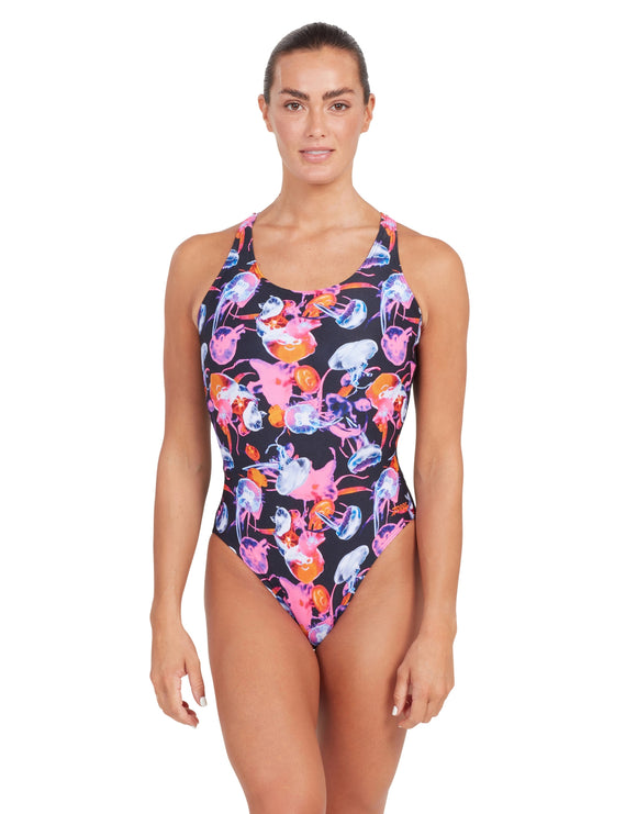 Zoggs - Womens Sea Flowers Actionback Swimsuit - Black/Multi - Model Front