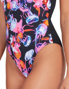Zoggs - Womens Sea Flowers Actionback Swimsuit - Black/Multi - Model Front/Side Close Up
