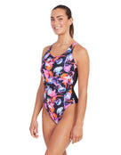 Zoggs - Womens Sea Flowers Actionback Swimsuit - Black/Multi - Model Front/Side