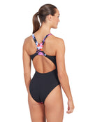Zoggs - Womens Sea Flowers Actionback Swimsuit - Black/Multi - Model Back