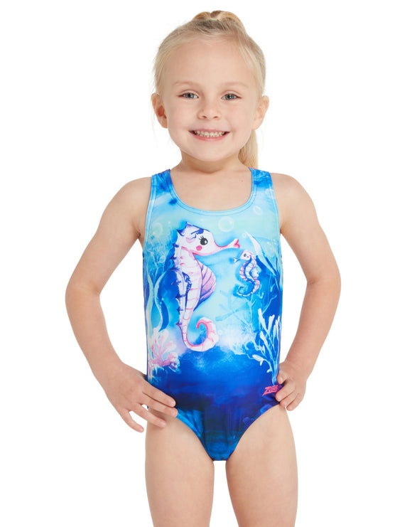 Zoggs - Tots Girls Sea Horse Actionback Swimsuit - Blue/Pink - Model Front