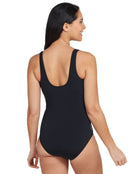 Zoggs Suffolk Concealed Underwired Front Swimsuit - Black/Blue - Model Front / Swimsuit Back Design