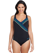 Zoggs Suffolk Concealed Underwired Front Swimsuit - Black/Blue - Model Front / Swimsuit Front Design