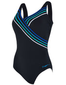 Zoggs Suffolk Concealed Underwired Front Swimsuit - Black/Blue - Model Front / Swimsuit Front Pattern Design