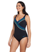 Zoggs Suffolk Concealed Underwired Front Swimsuit - Black/Blue - Model Front / Swimsuit Side Design