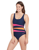 Zoggs - Womens Sumatra Adjustable Scoopback Swimsuit - Magenta/Orange - Model Front/Side