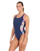Zoggs - Womens Sunset Atom Back Swimsuit - Navy/Pink - Model Front/Side